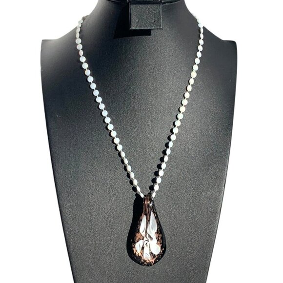 Glass Teardrop Pendant Brown White Opalescent Beaded Chain With Gold Tone Clasp - Picture 1 of 11